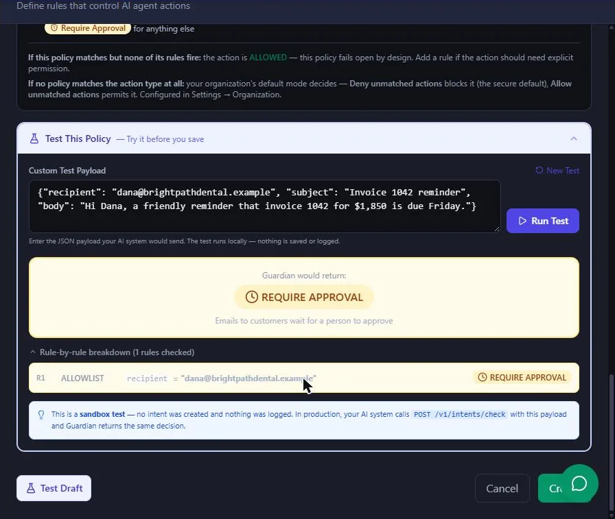The bottom of Guardian's policy form with Test Draft, Cancel and Create