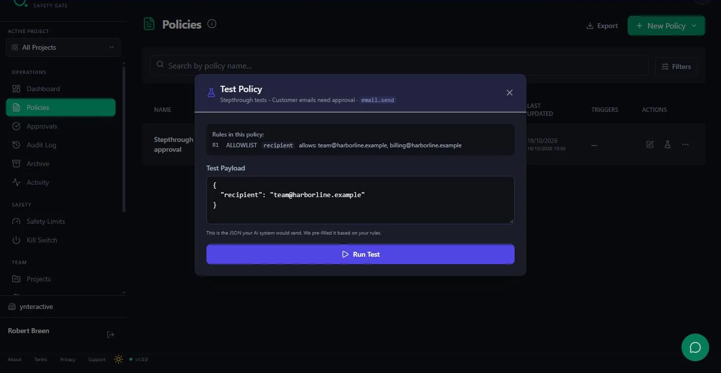 Guardian's Test Policy dialog for the saved policy with its allowlist rule and a pre-filled test payload