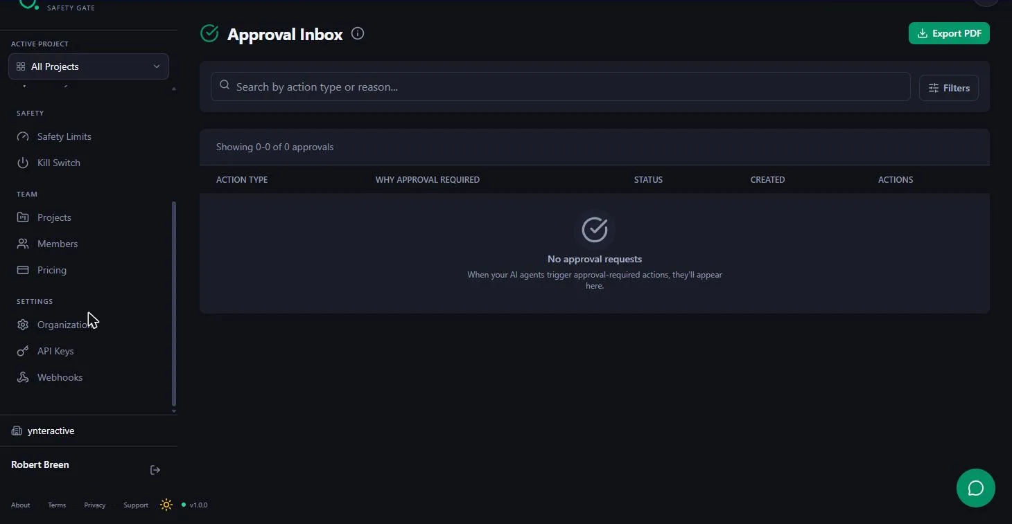 Guardian's Approval Inbox, empty, with columns for action type, why approval required, status and created