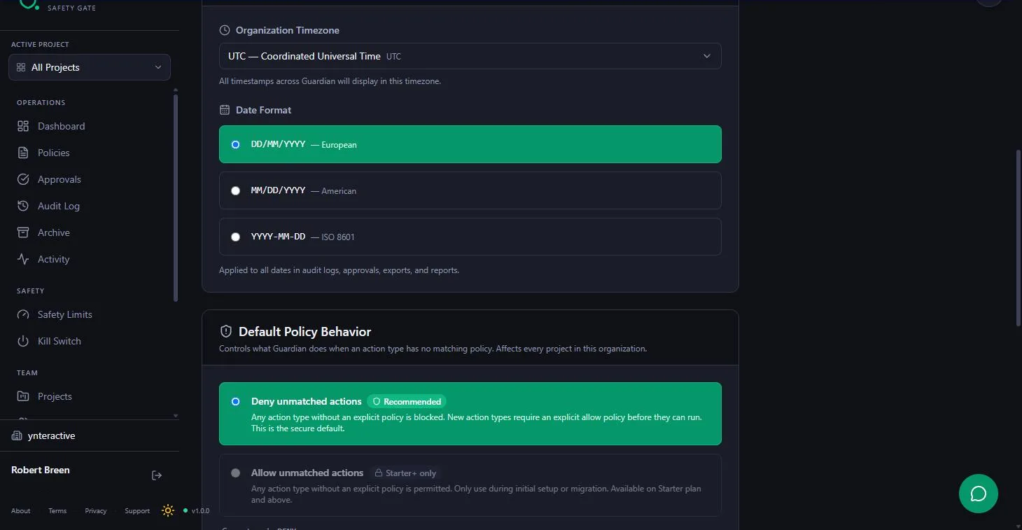 Guardian's Organization settings: Default Policy Behavior set to Deny unmatched actions (Recommended)