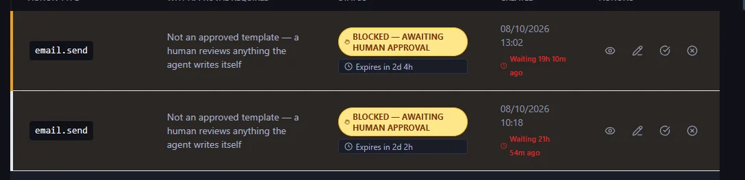 Guardian's approvals list with two email.send requests marked Blocked, awaiting human approval, with expiry times (image from Guardian's n8n guide)