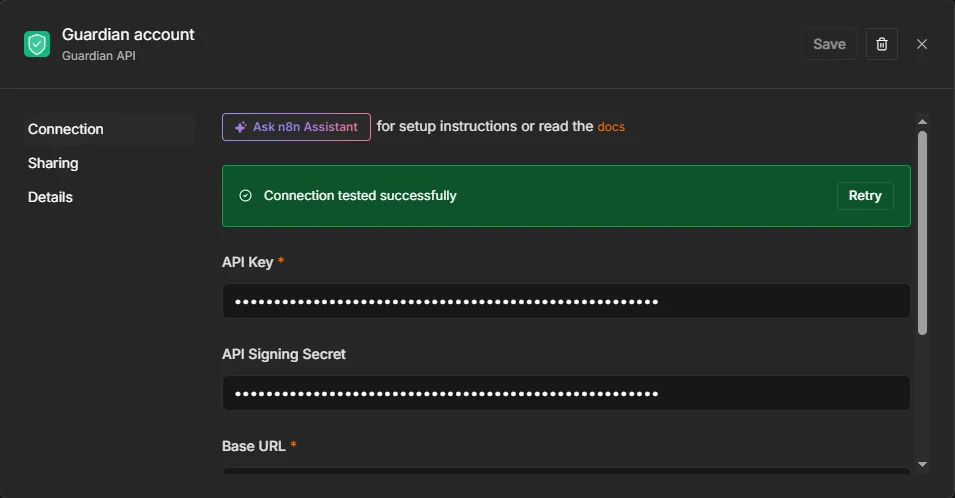 The Guardian API credential in n8n with API Key, API Signing Secret and Base URL fields and a successful connection test (image from Guardian's n8n guide)
