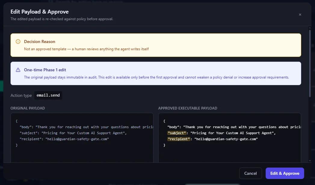 Guardian's Edit Payload & Approve dialog with the original payload next to the approved executable payload (image from Guardian's n8n guide)