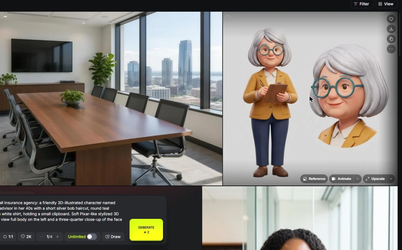 Higgsfield result: Penny character sheet with the Reference, Animate and Upscale buttons