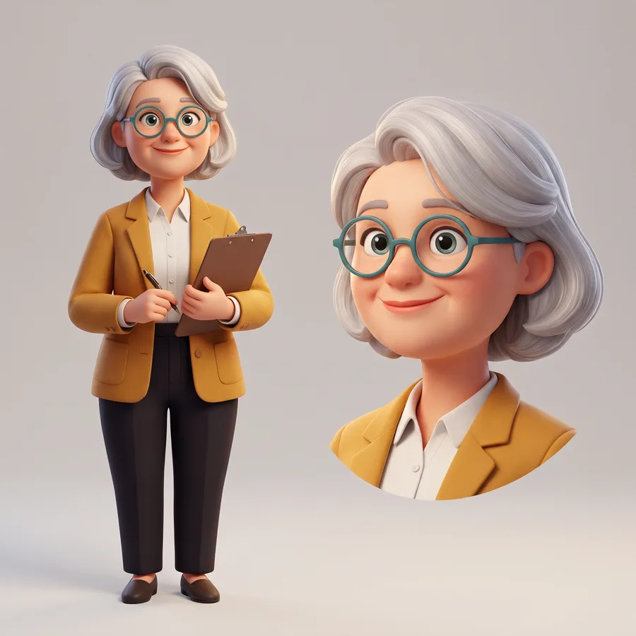 Character sheet for Penny, an illustrated insurance advisor with a silver bob, round teal glasses and a mustard blazer