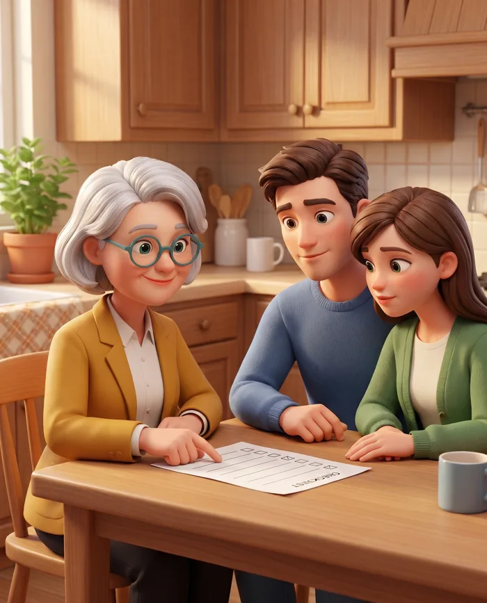 Penny at a kitchen table reviewing a home insurance checklist with a young couple