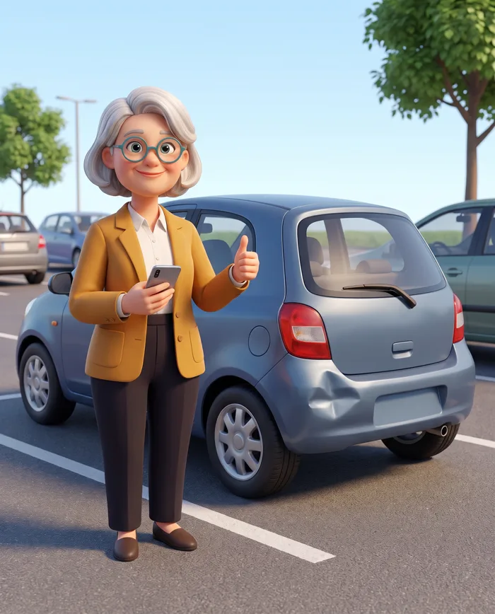 Penny giving a thumbs up beside a hatchback with a dented bumper