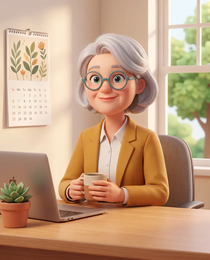 Penny at her desk with a coffee mug at renewal time; the laptop shows an Apple logo the model added