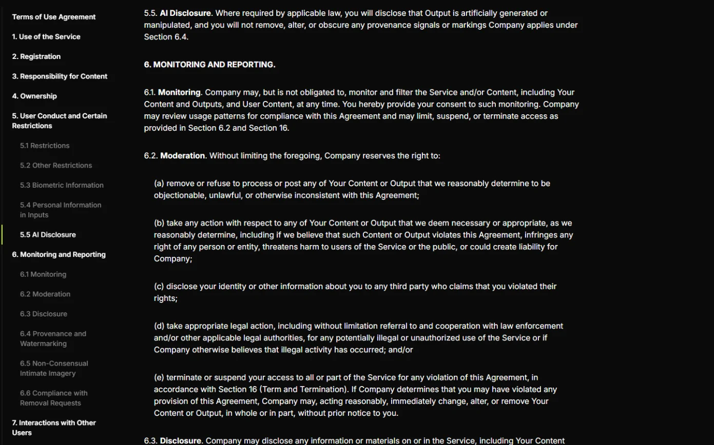 Higgsfield Terms of Use section 5.5 AI Disclosure