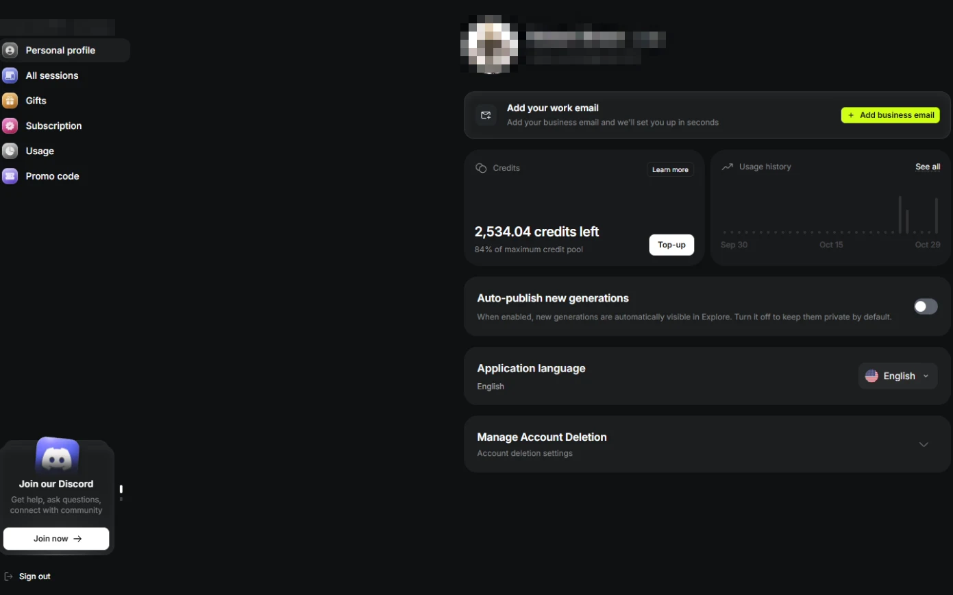 Higgsfield settings: Auto-publish new generations toggle, off by default