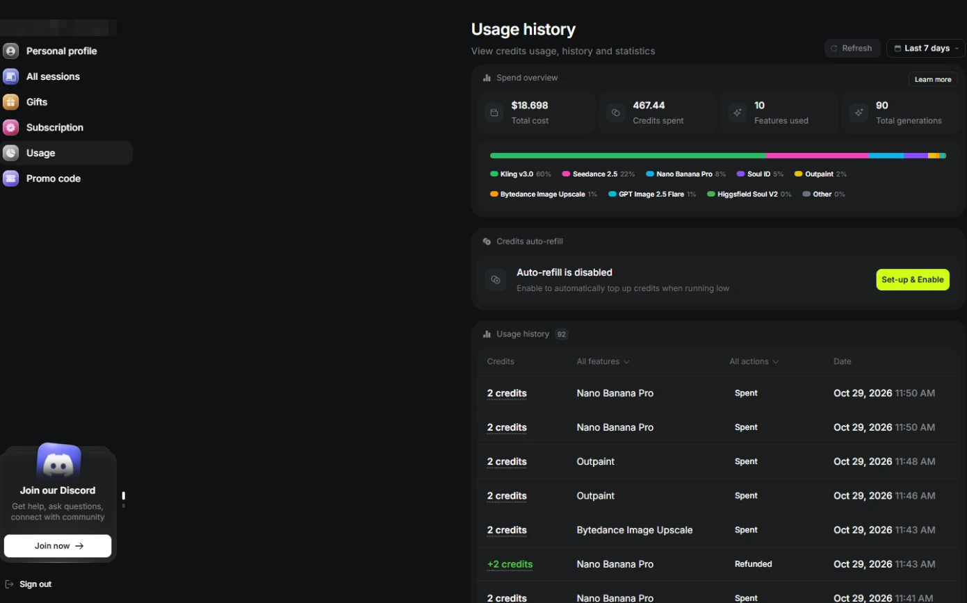 Higgsfield Usage history: spend overview by model and one row per generation