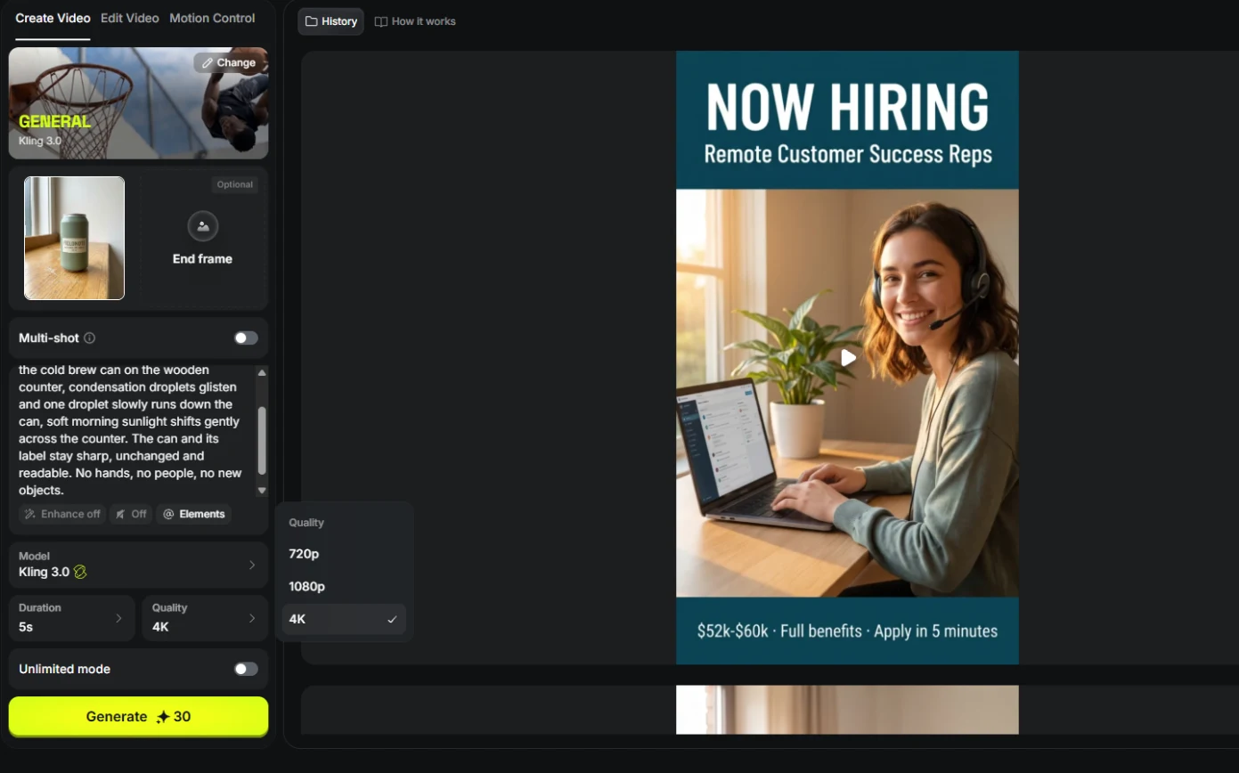 Higgsfield Create Video panel with Kling 3.0: Quality menu open at 4K and Generate showing 30 credits