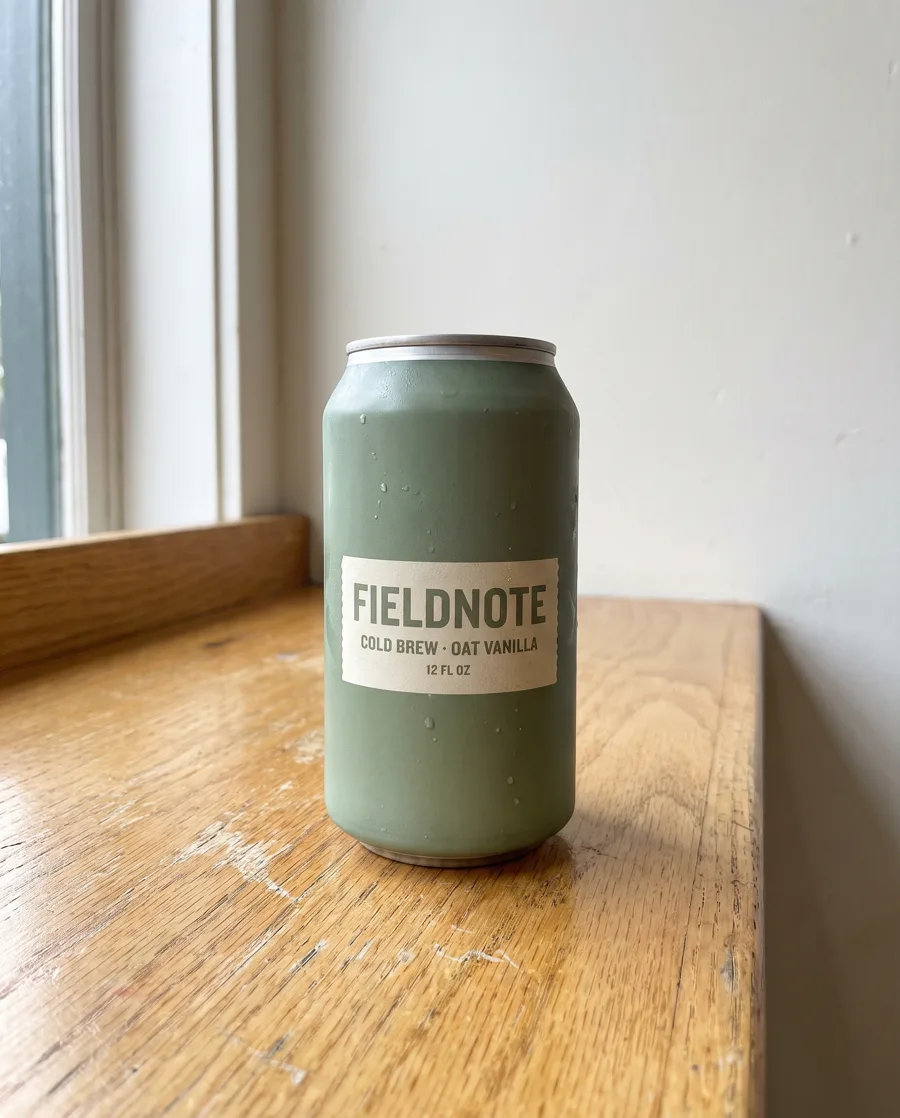 Product photo of a sage-green Fieldnote cold brew can on a wooden counter, the start frame for the video (AI-generated for the lesson)