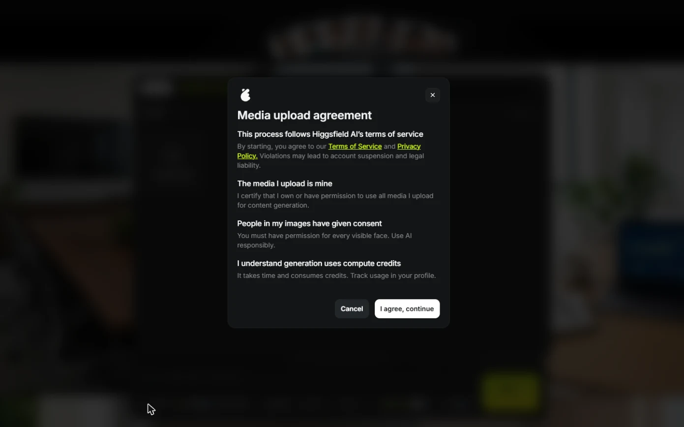 Higgsfield Media upload agreement asking to confirm ownership and consent of people in the image