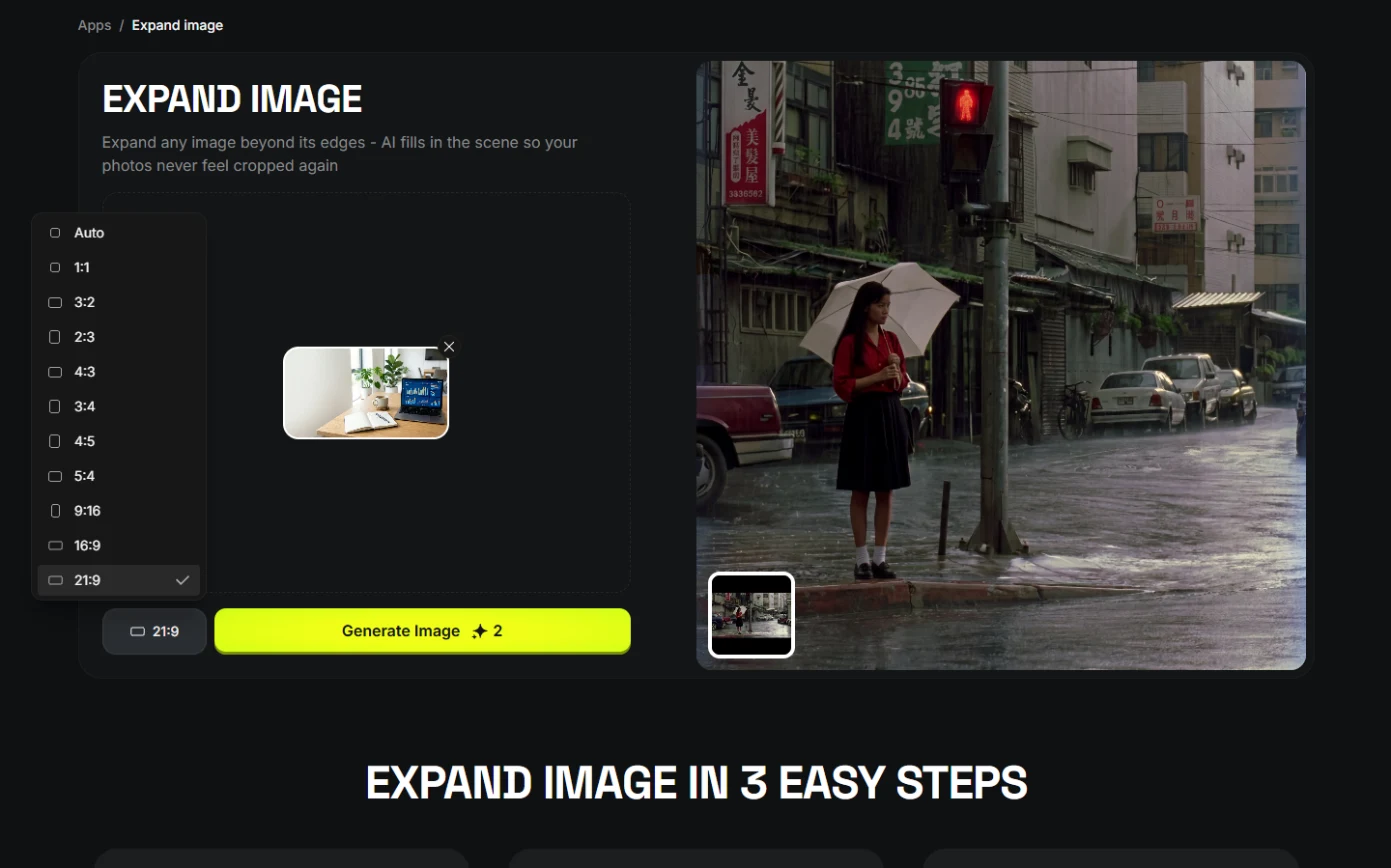 Higgsfield Expand image app with the uploaded image and the aspect ratio menu open