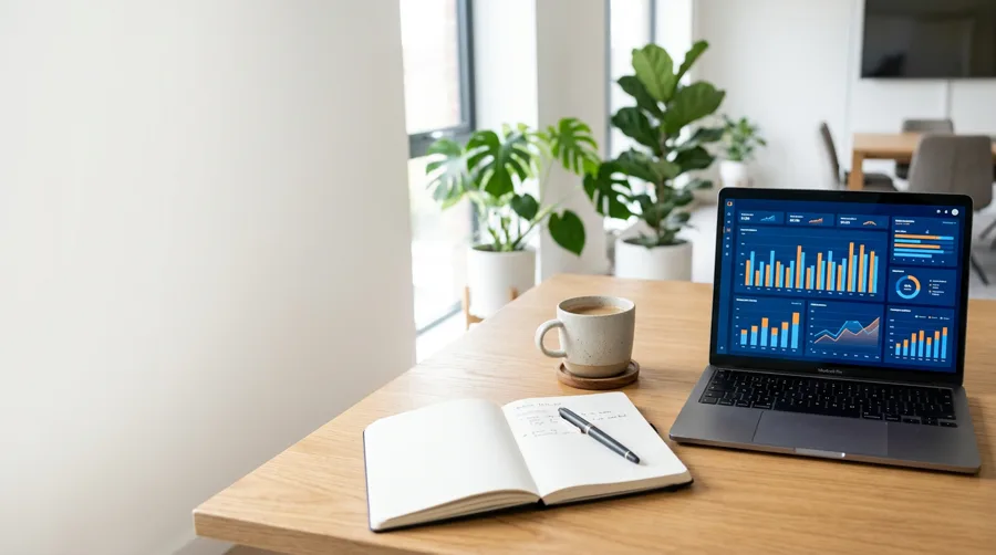 16:9 webinar hero image: a desk with a notebook, coffee and a laptop showing a bar chart