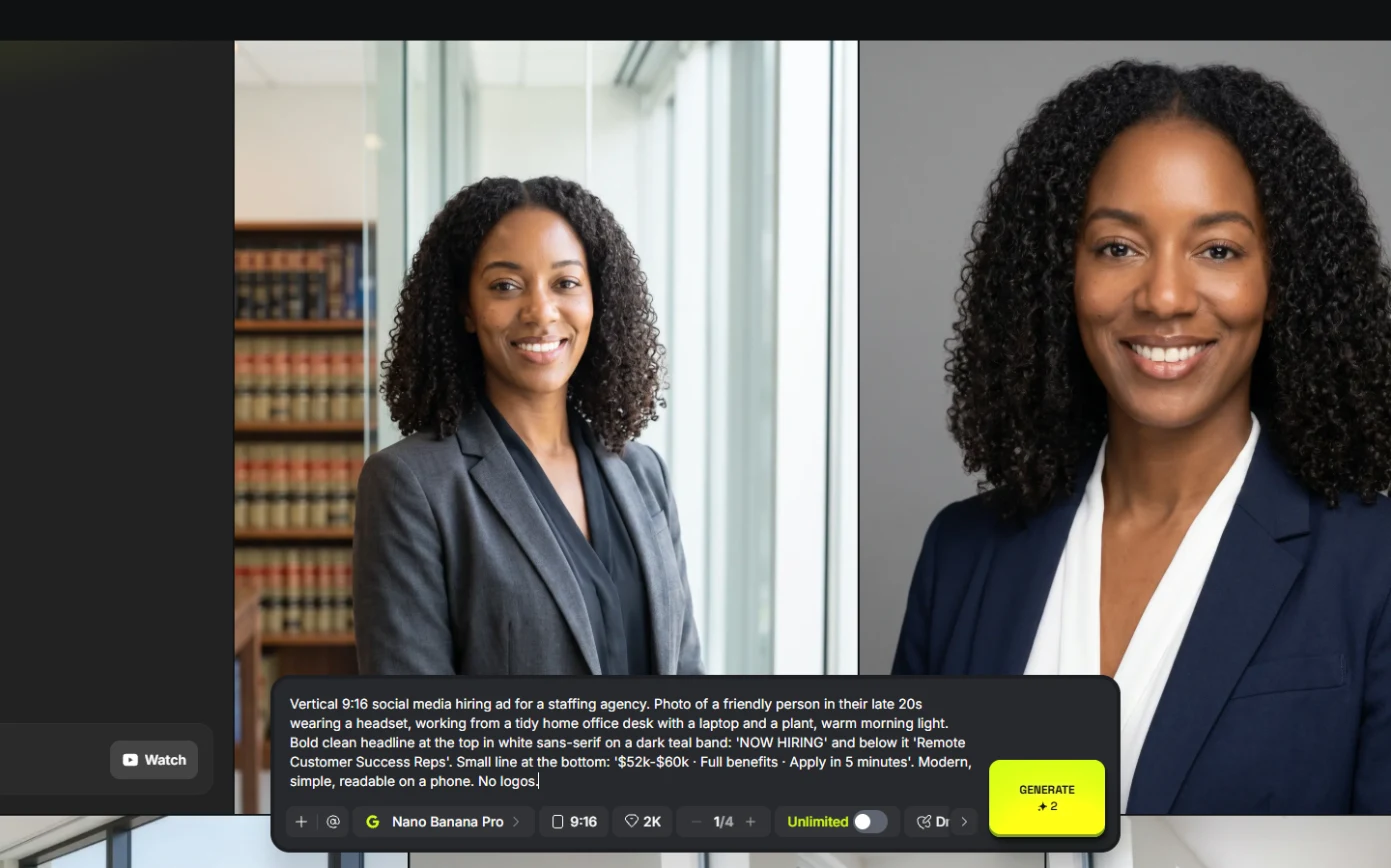 Higgsfield Image prompt bar with the hiring ad brief typed, Nano Banana Pro, 9:16, 2K, Generate 2