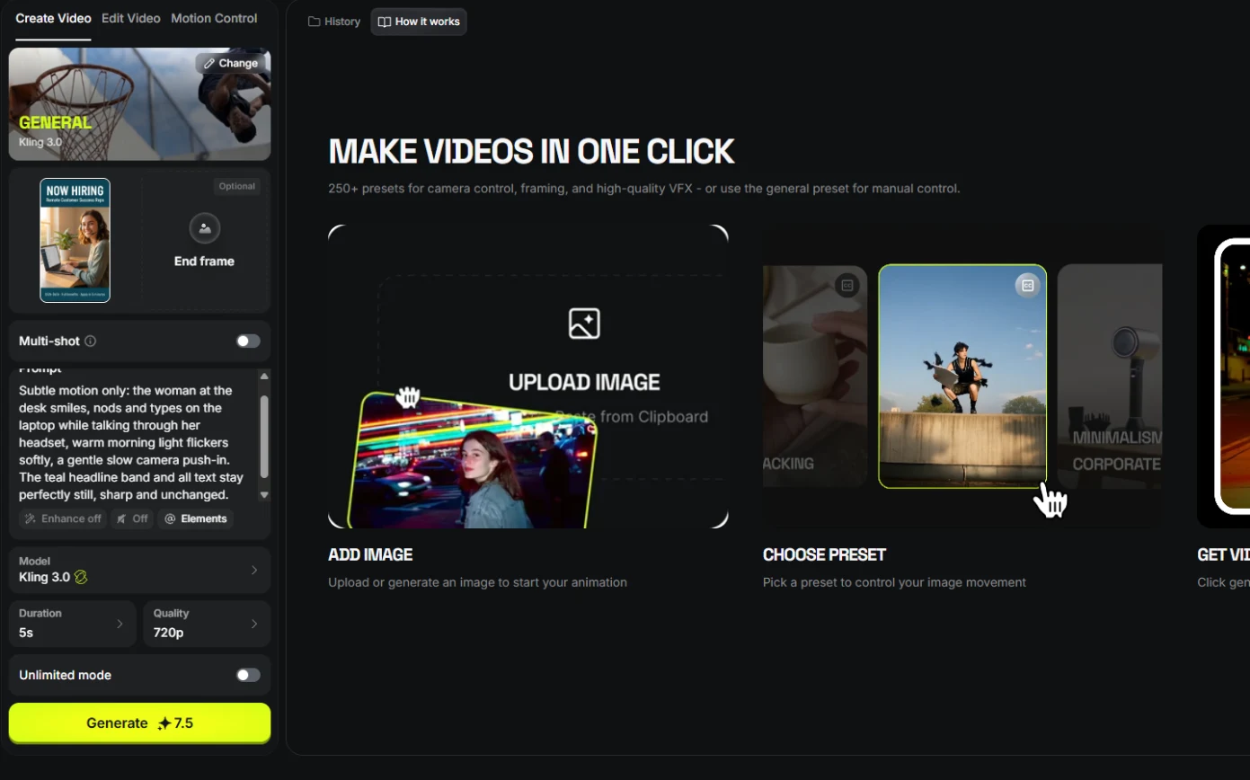 Higgsfield Video panel after Animate: Kling 3.0 with the ad still as start frame, Generate 7.5