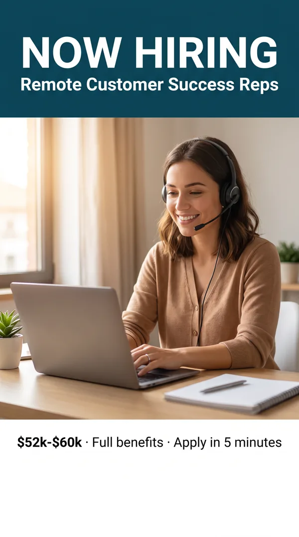 9:16 hiring ad still made in Higgsfield: NOW HIRING Remote Customer Success Reps, with salary line, AI-generated person at a home desk