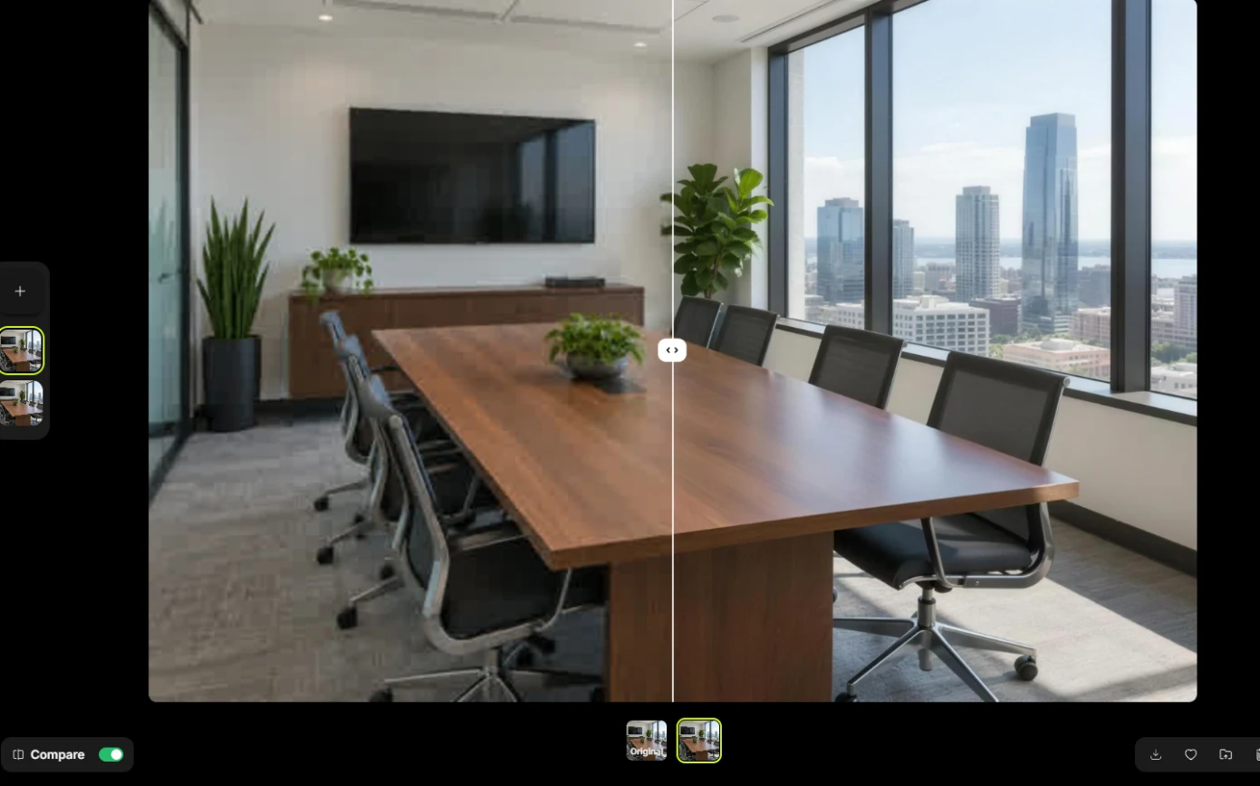 Higgsfield Upscale compare view with a before and after slider over the meeting room photo