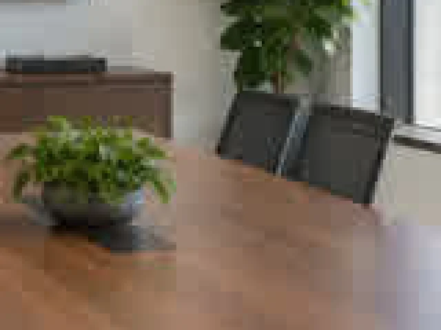 Close-up of the chairs and plant in the 640 pixel photo, blocky and blurred
