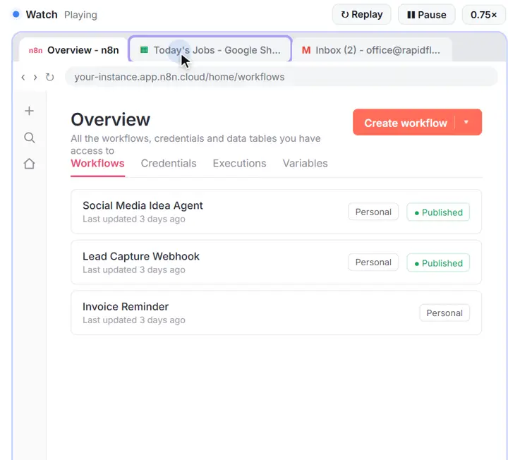 Stepthrough lesson in Watch mode: a cursor clicks the Today’s Jobs tab in a practice copy of n8n and Google Sheets