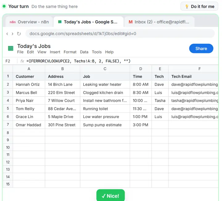 The Do it for me button in a Stepthrough lesson, after it completed the step in a practice Google Sheet of today’s jobs