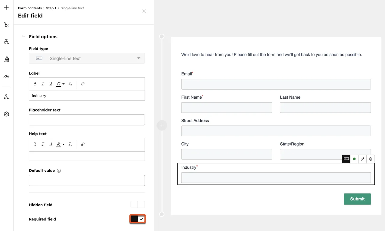 HubSpot form editor: the Edit field panel with Field options and the Required field switch turned on, next to a form preview with Email, First Name and Last Name fields
