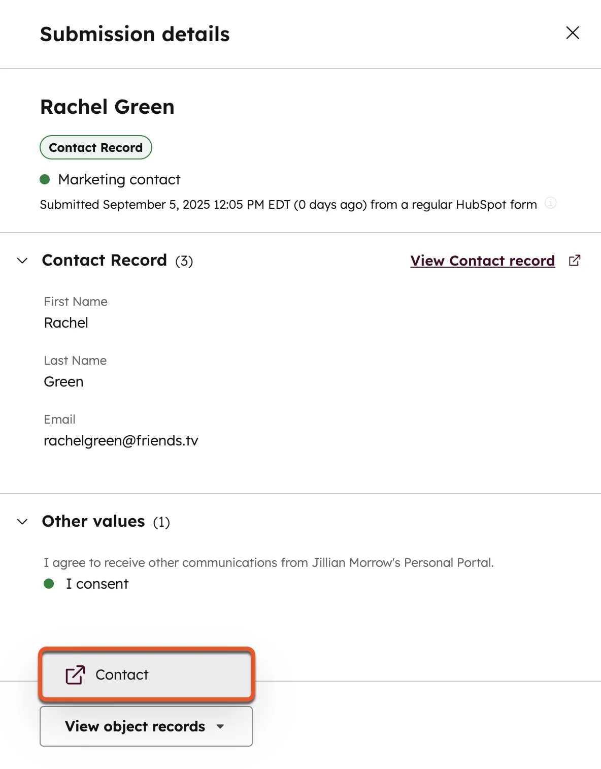HubSpot Submission details panel for a form submission, with the Contact Record fields, View Contact record and the View object records button