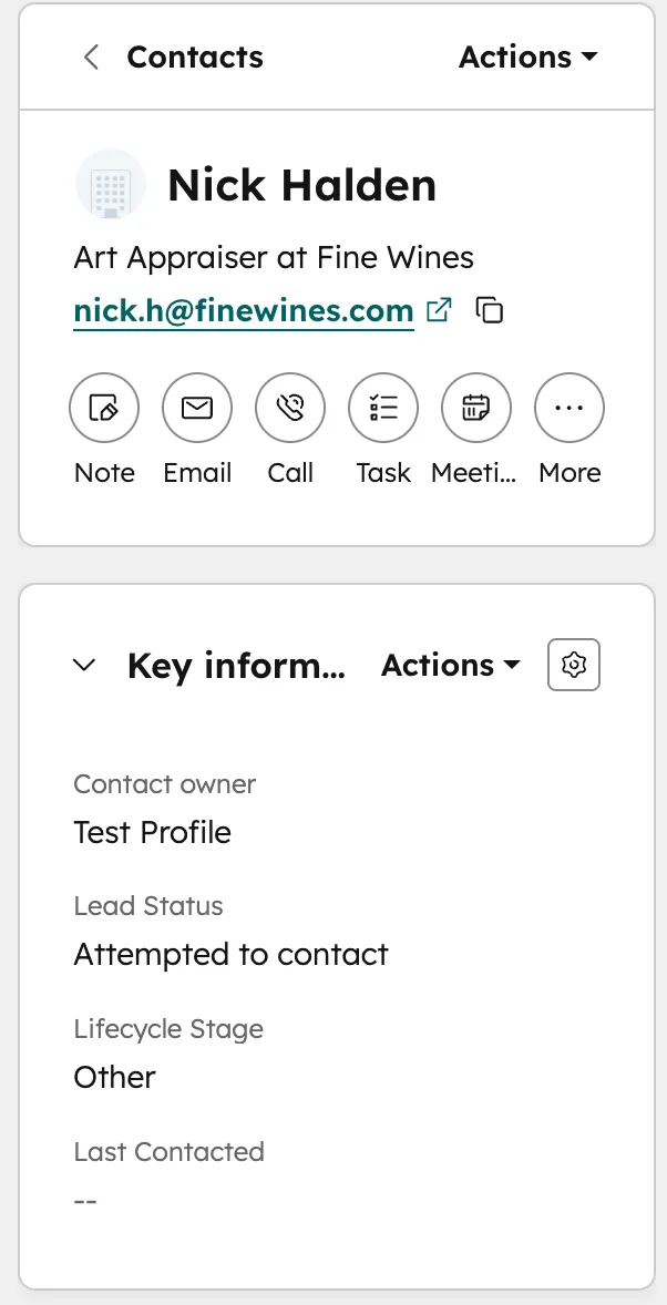 Left sidebar of a HubSpot contact record with the Note, Email, Call, Task and Meeting icons, and Key information showing Contact owner, Lead Status and Lifecycle Stage