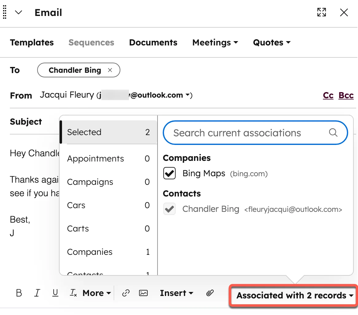 HubSpot one-to-one email window on a contact record with To, From, Subject and the Associated with records menu open