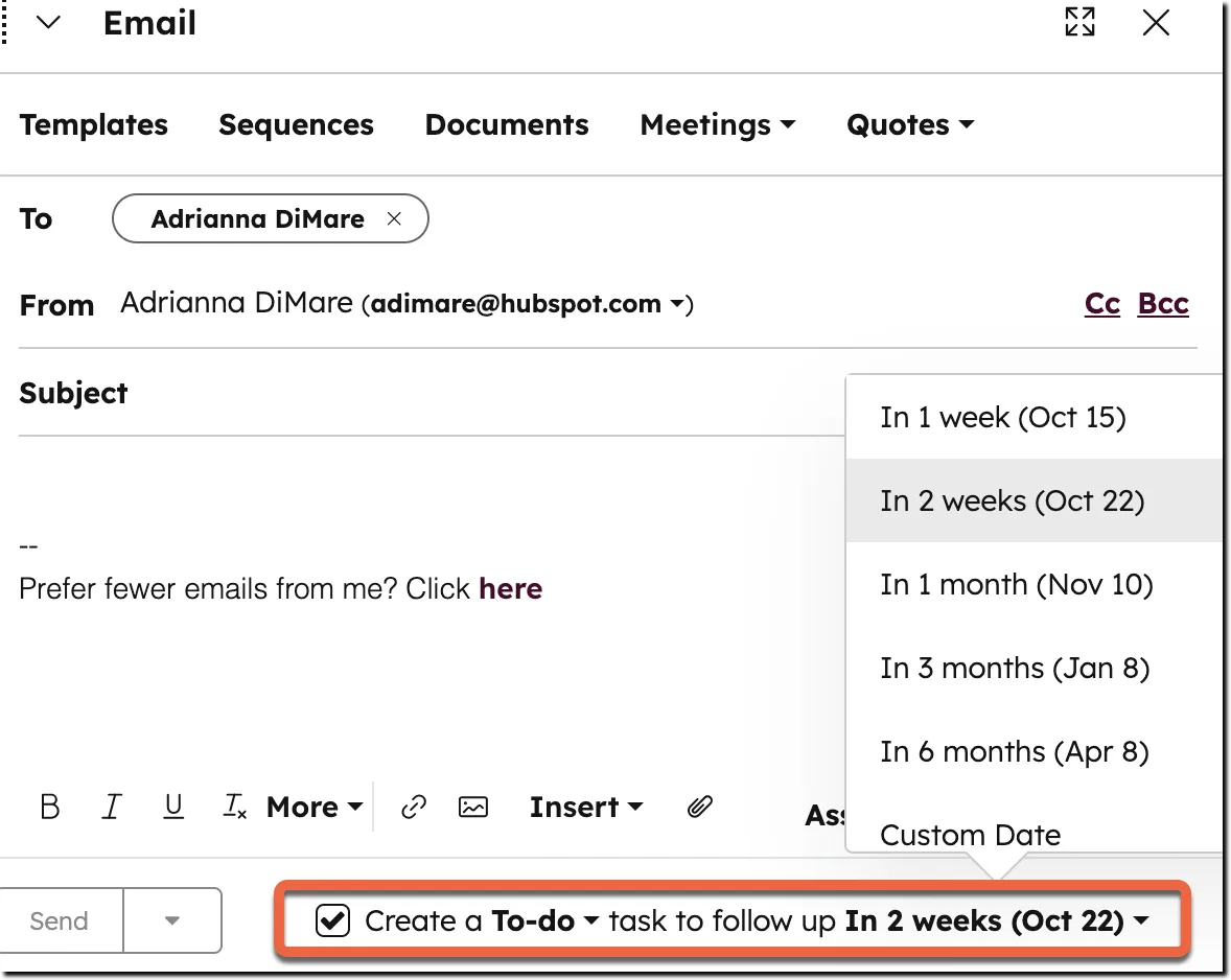 HubSpot email window with the Create a To-do task to follow up checkbox ticked and the due date menu open