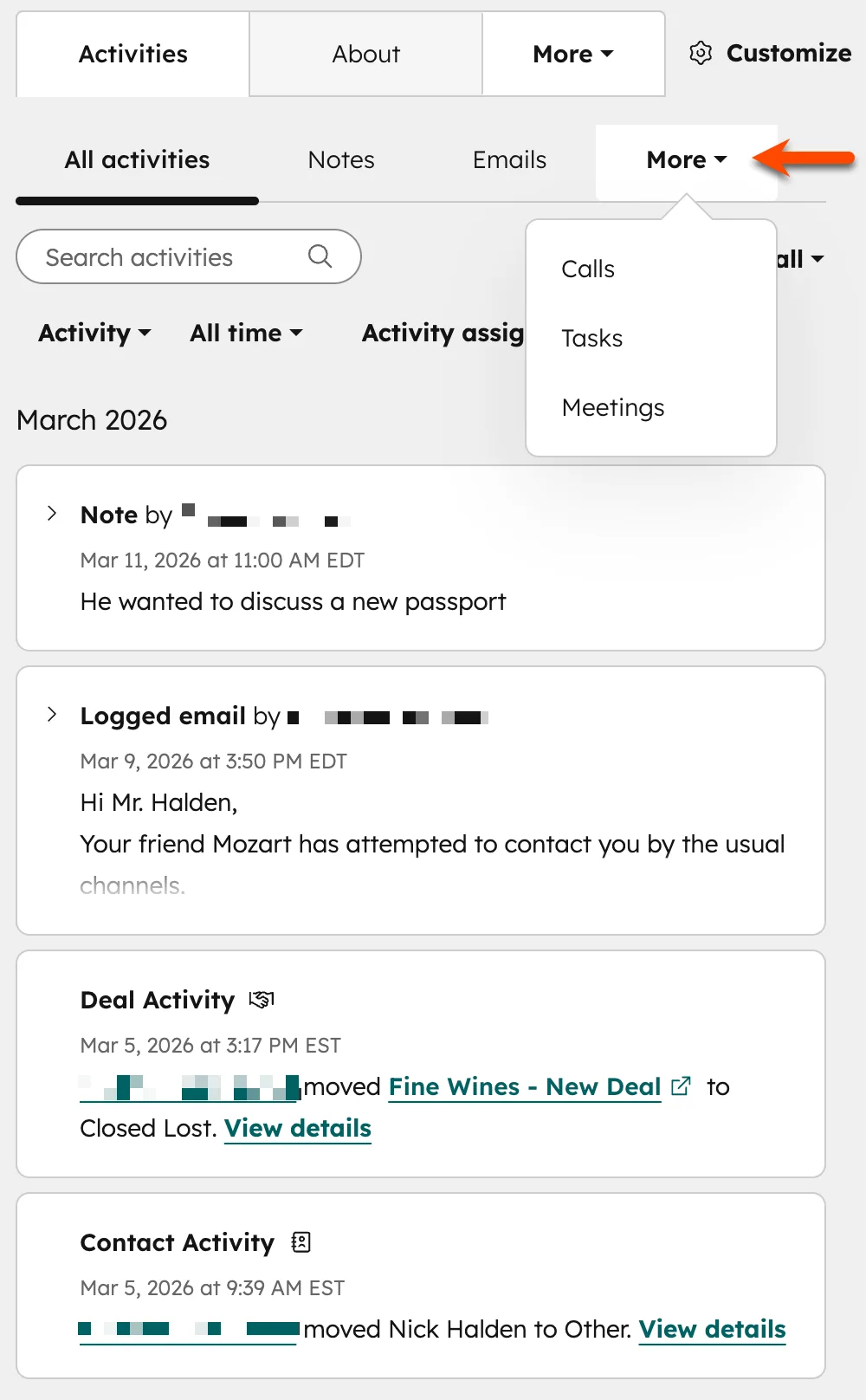 Activities tab of a HubSpot contact record with All activities, Notes, Emails and More, a Search activities box and logged activities below