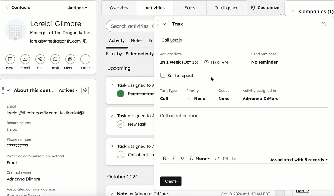 HubSpot task editor open on a contact record, with the task title, Activity date, Task Type Call, Priority and the Create button