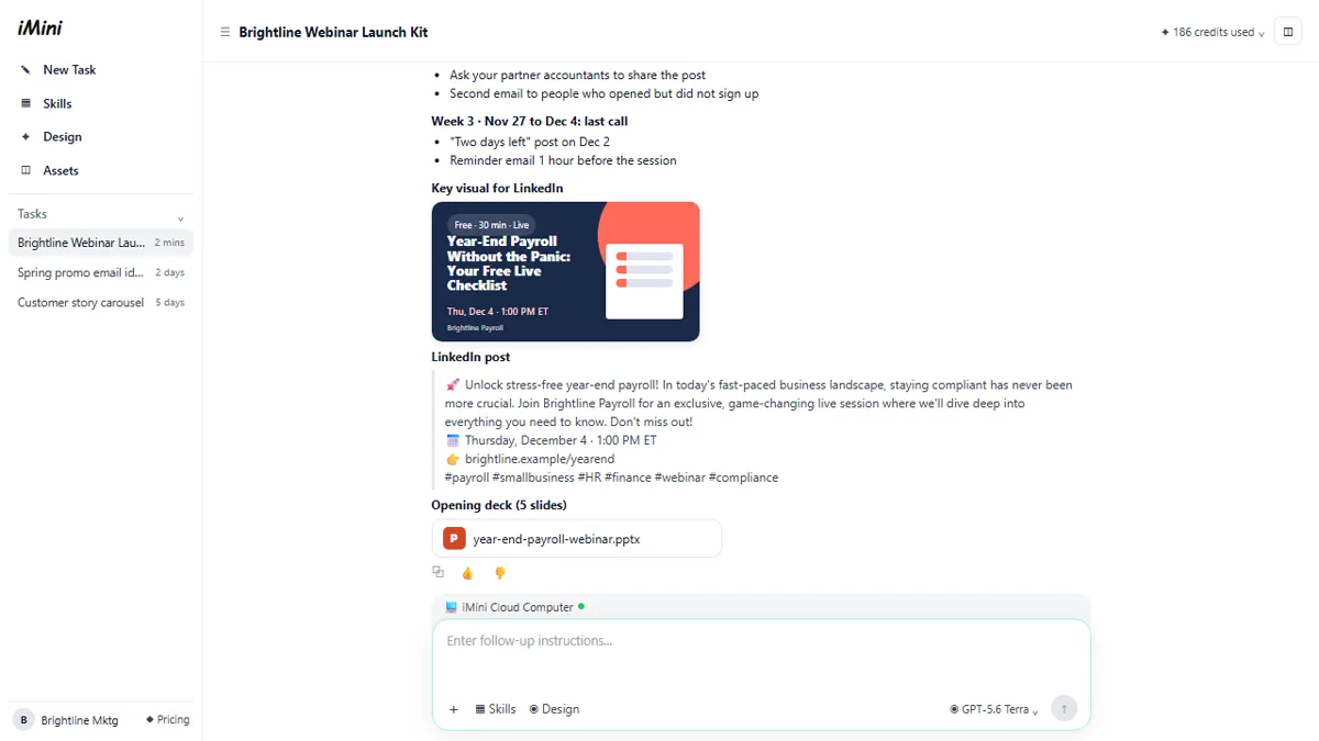 Practice copy of the iMini Creative Agent: one answer with a three-week webinar launch plan, a navy and coral LinkedIn key visual, a LinkedIn post and a PowerPoint deck file