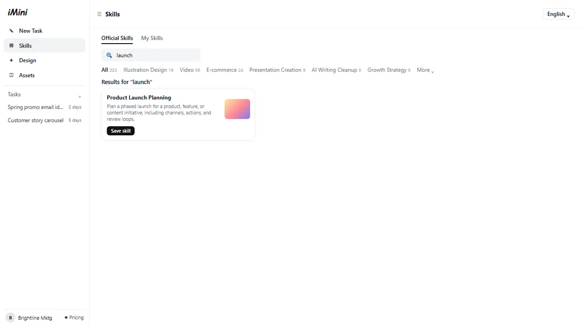 The iMini Skills page searched for launch, showing the Product Launch Planning skill with its Save skill button