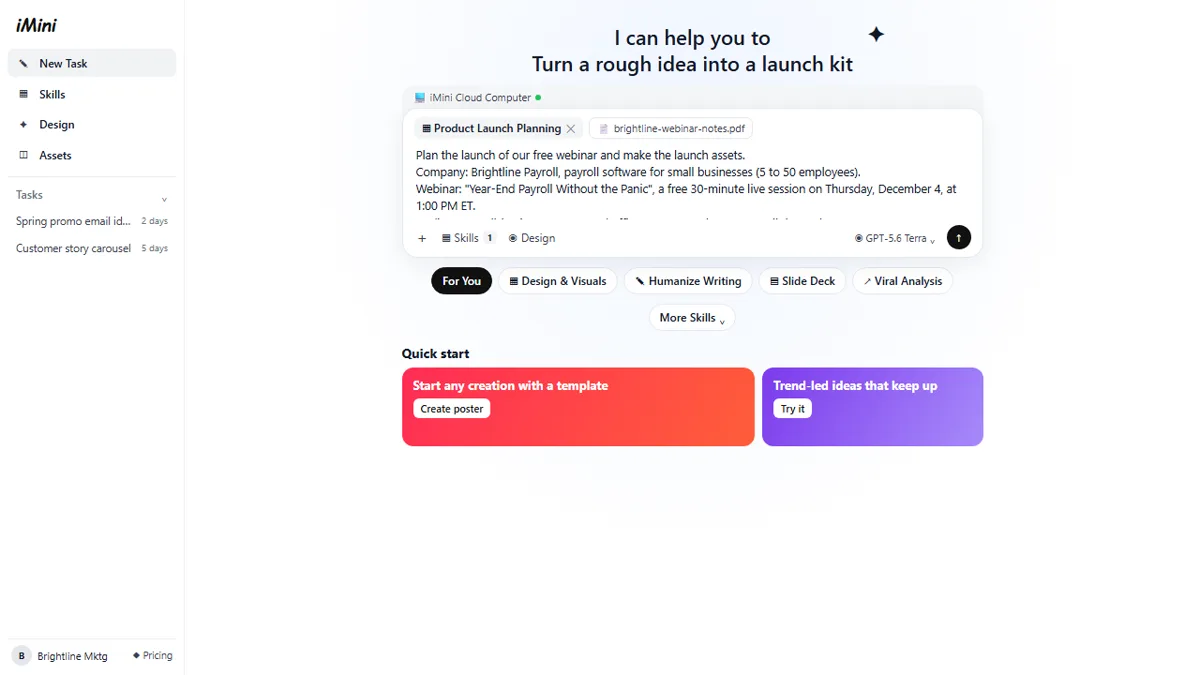 The iMini New Task message box with the Product Launch Planning skill, an attached notes PDF and a pasted webinar launch brief