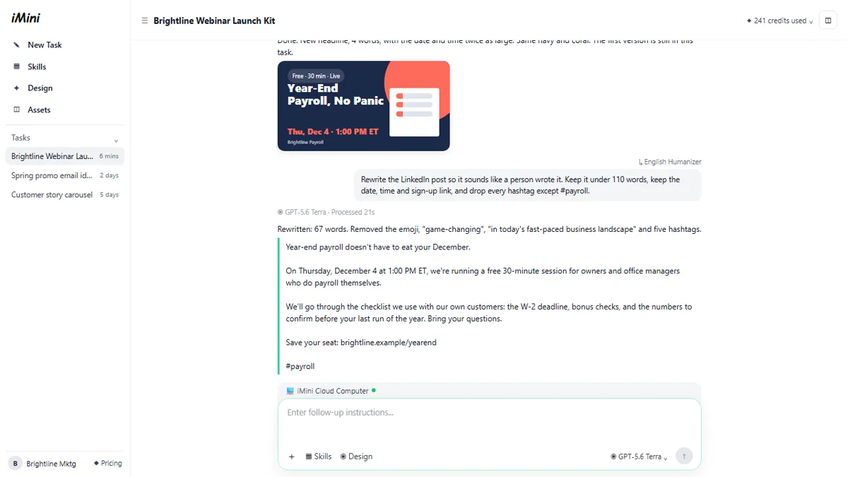A follow-up with the English Humanizer skill and the rewritten 67-word LinkedIn post, below the new key visual with a shorter headline