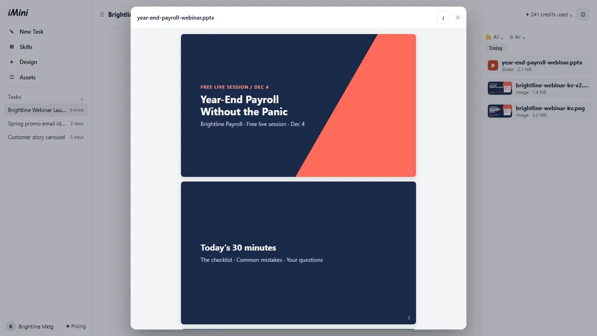 The five-slide year-end payroll webinar deck open in the viewer with its download button, and the task's files panel listing the deck and both key visuals