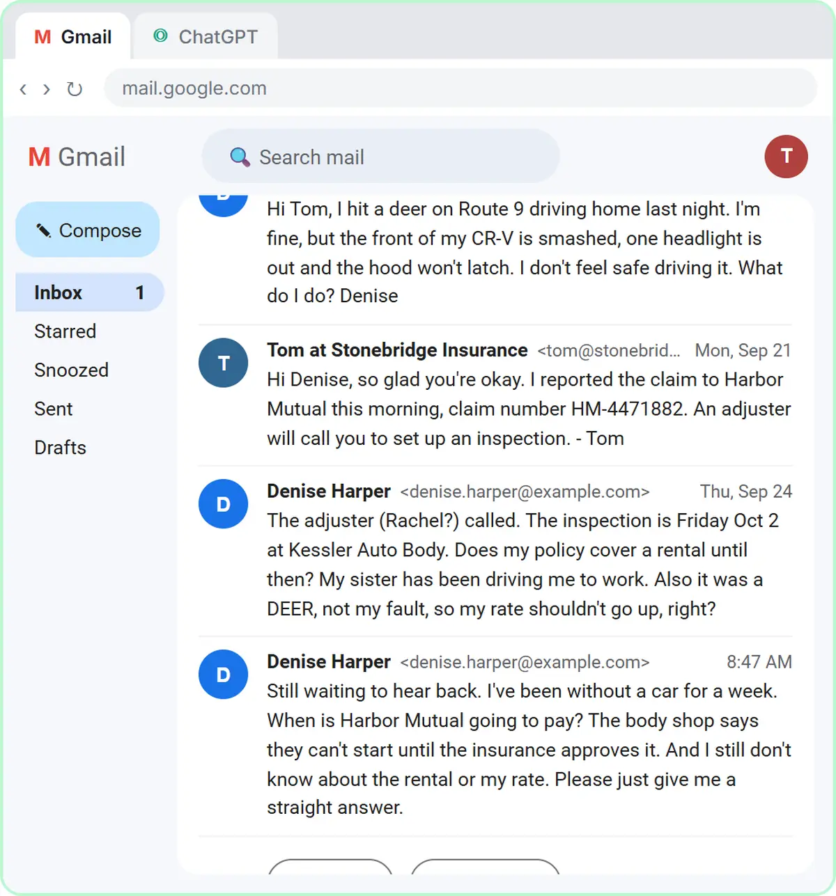 Gmail thread between a client and a small insurance agency: she hit a deer, the agent reported the claim to the carrier, and she asks when the carrier will pay, whether a rental is covered and whether her rate will go up.