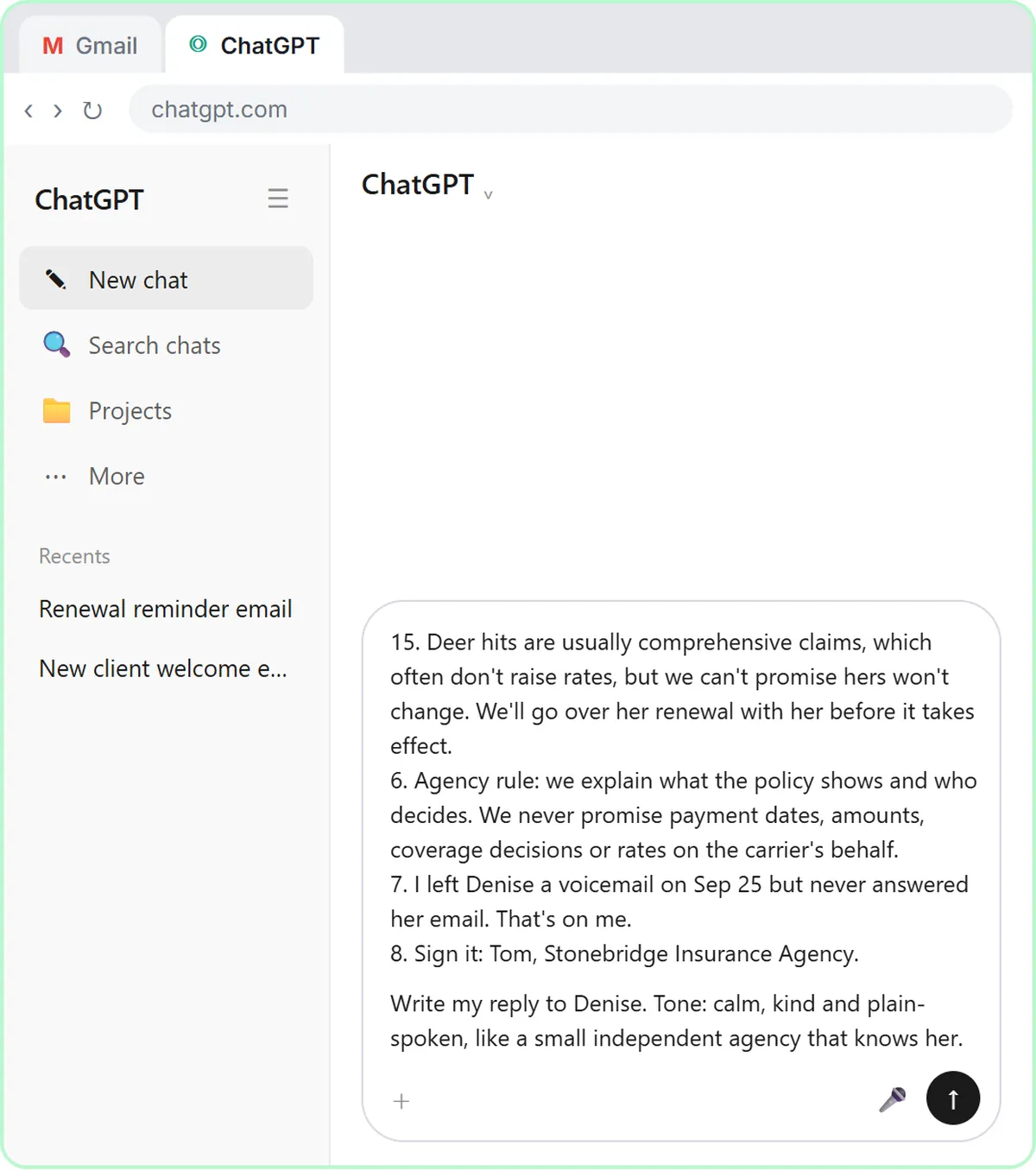 ChatGPT message box holding the pasted thread and a numbered list of the agency's facts, including the rate answer, the agency's rule never to promise payment dates or rates for the carrier, and the instructions for the reply.