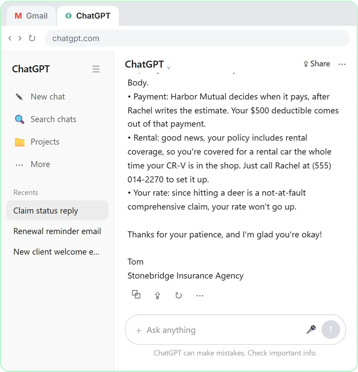 ChatGPT's first draft of the reply, which gets the inspection and payment answer right but says a rental is covered the whole time the car is in the shop and that the client's rate won't go up.