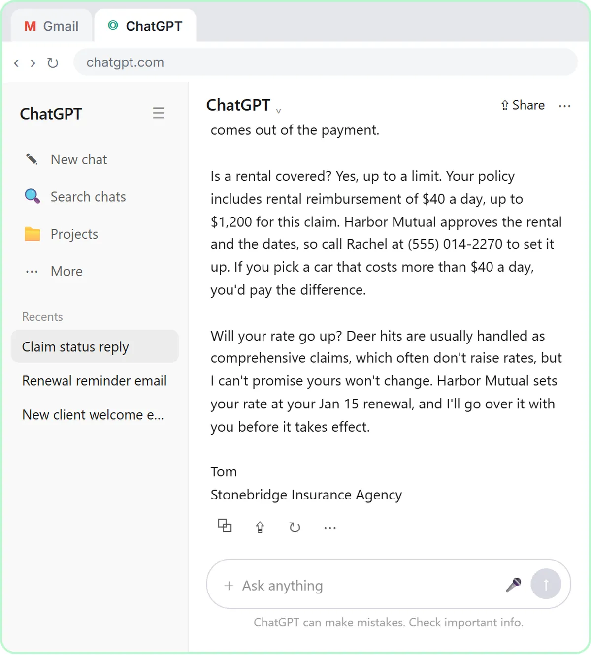 The corrected reply in ChatGPT, answering each question in its own paragraph: the rental limit and how to set one up, and an honest rate answer that the carrier sets at renewal.