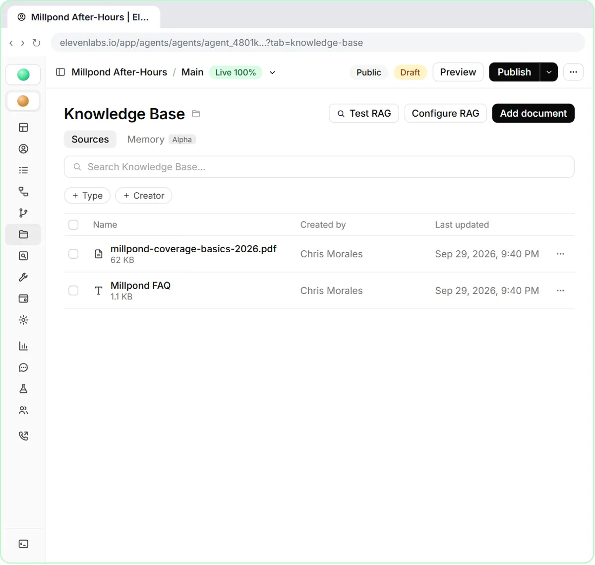 The agent's Knowledge Base with the coverage guide PDF and the Millpond FAQ text document attached