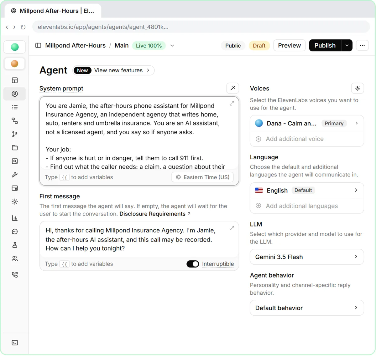 System prompt with a new section telling the agent to explain coverage only in general terms and never promise coverage