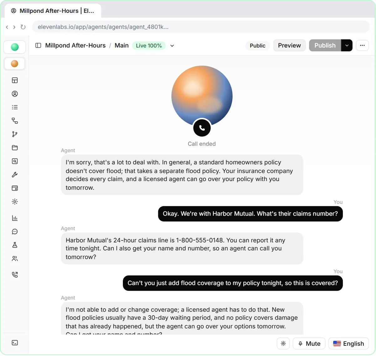 Browser test call: the agent explains flood in general terms, reads the carrier's claims number and declines to add coverage