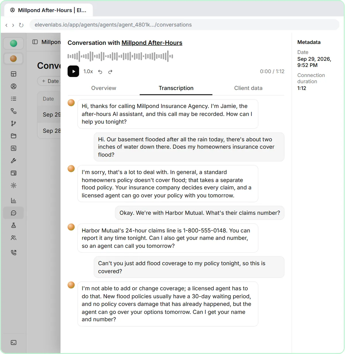 Conversations drawer showing the full transcript of the test call on the Transcription tab