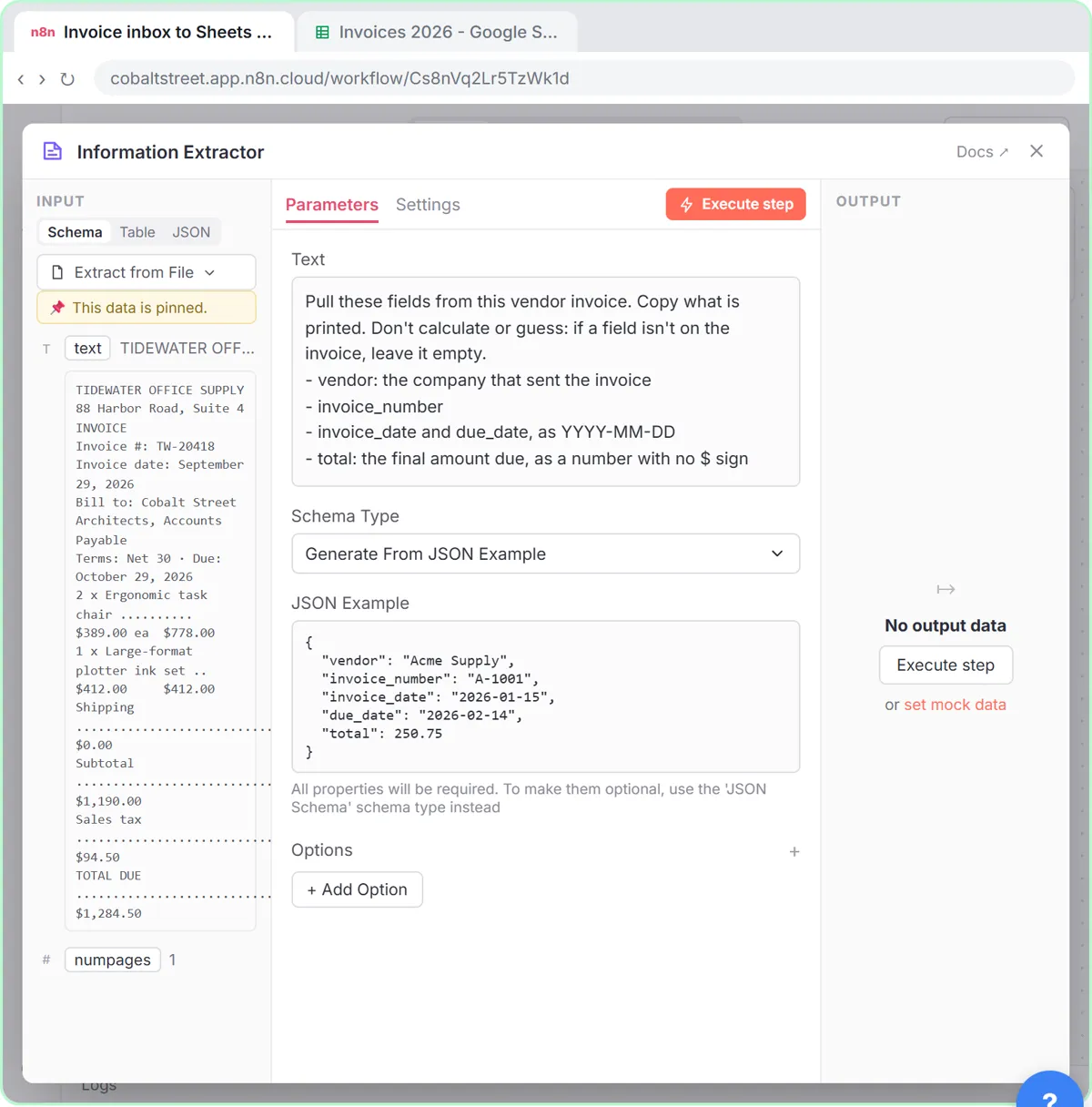 The Information Extractor with instructions to copy the vendor, invoice number, dates and total from the invoice text, and a JSON example with those fields