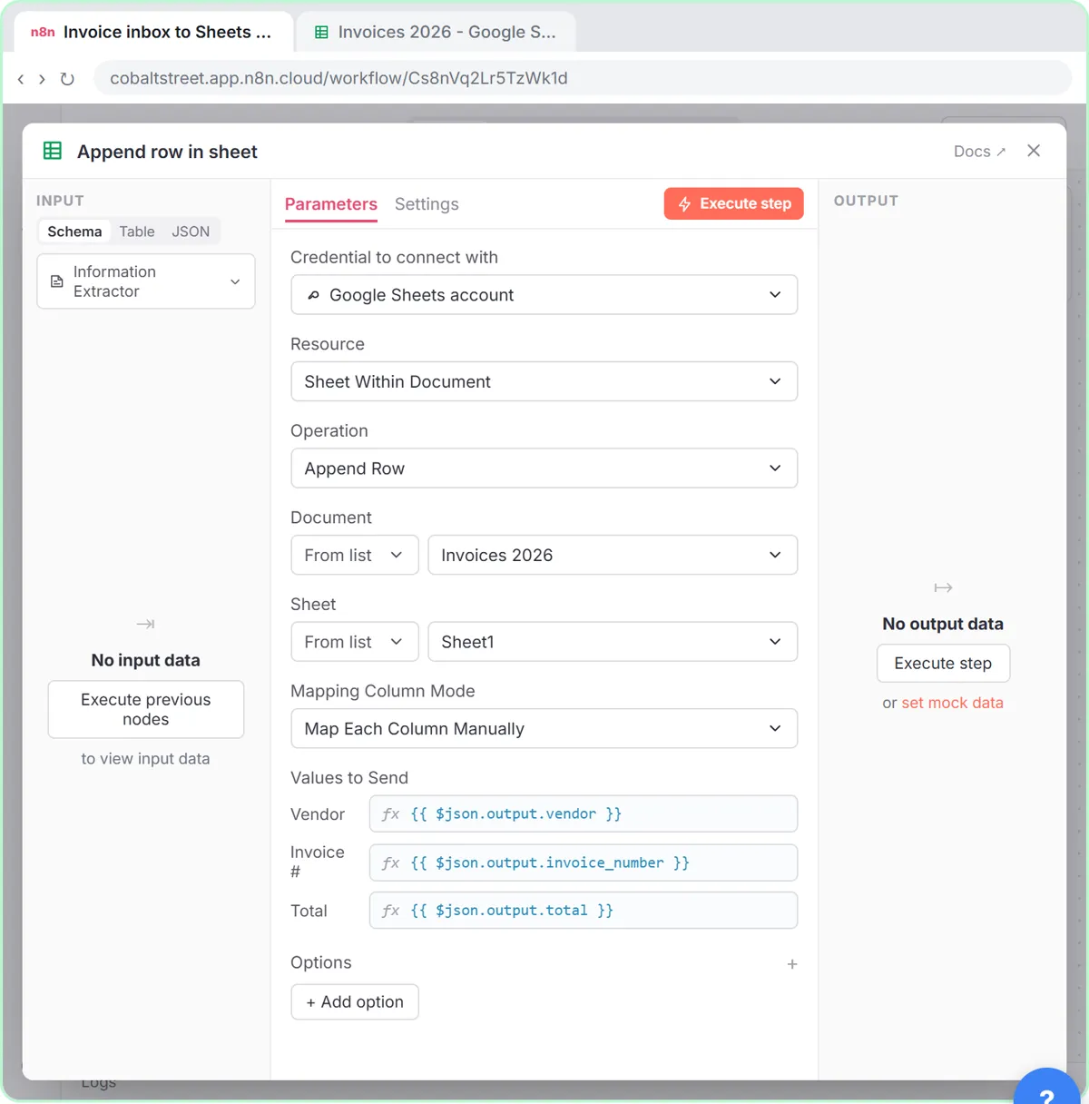 Append row in sheet filling the Vendor, Invoice # and Total columns of the Invoices 2026 sheet from the extractor's output