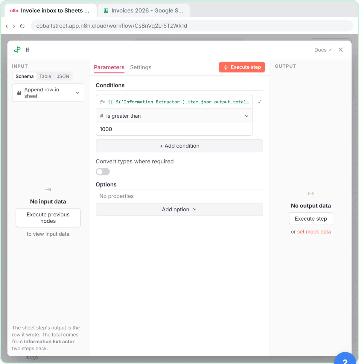 The If node checking whether the invoice total is greater than 1000